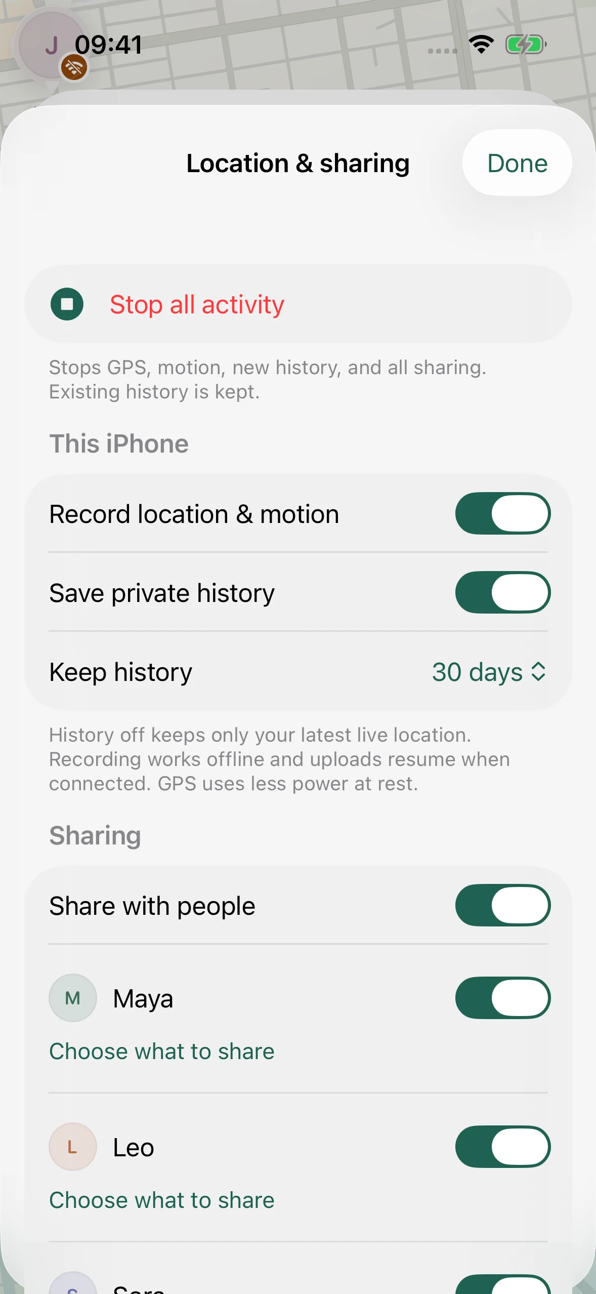Location and sharing controls with separate recording, history, and individual sharing switches