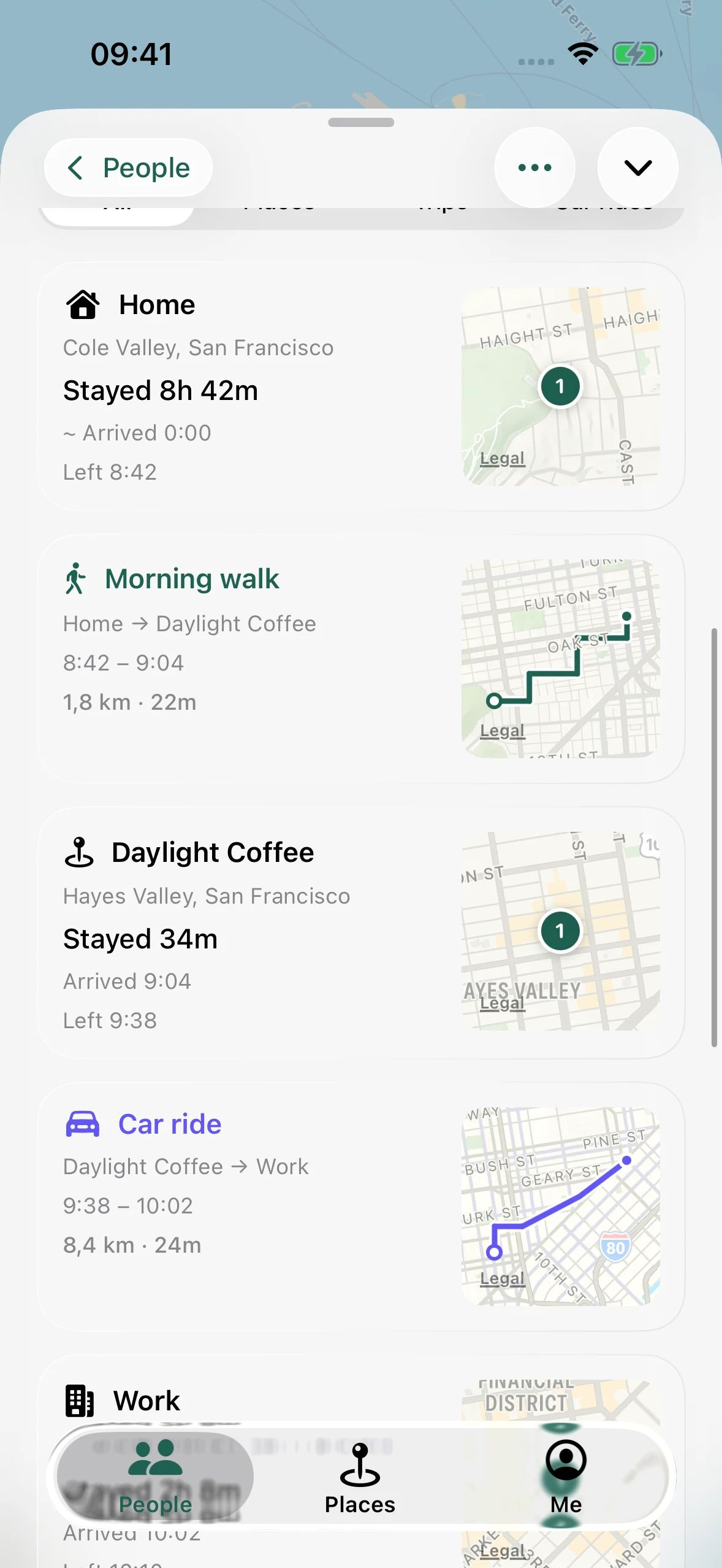 Daily timeline of walks, visits, and rides with individual maps