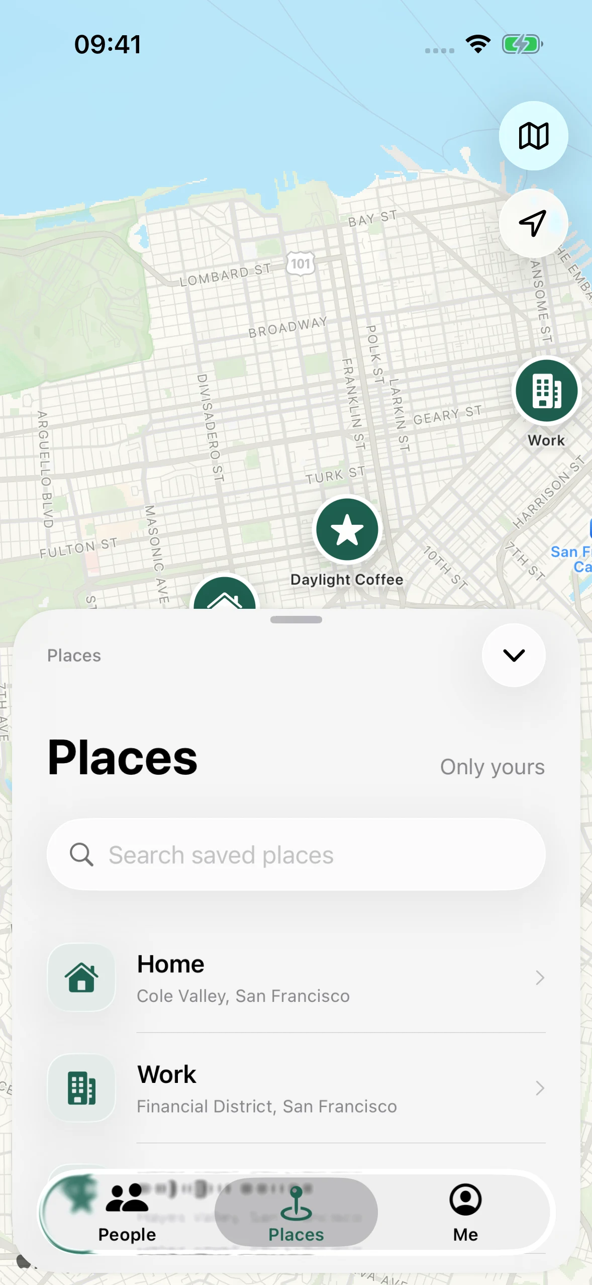 Saved places including Home, Work, and Daylight Coffee